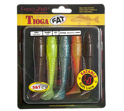 Силиконовые приманки Lucky John Pro Series TIOGA FAT 3.9in MIX1, 5шт, виброхвост