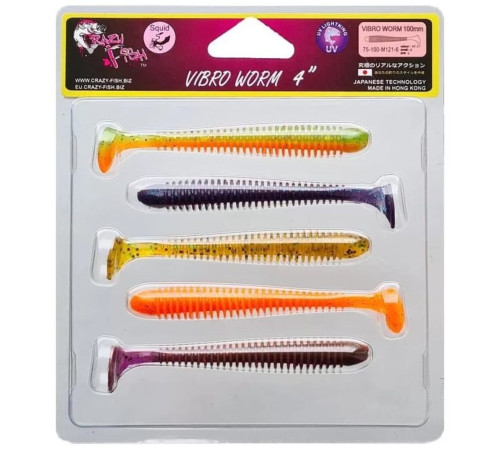 Силиконовая приманка Crazy Fish VIBRO WORM 4.0" M121, 5шт, виброхвост