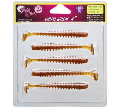 Силиконовая приманка Crazy Fish VIBRO WORM 4.0" 32, 5шт, виброхвост