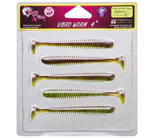 Силиконовая приманка Crazy Fish VIBRO WORM 4.0" 4d, 5шт, виброхвост