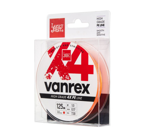 Плетеная леска Lucky John Vanrex х4 BRAID Fluo Orange 125м,  0.17мм