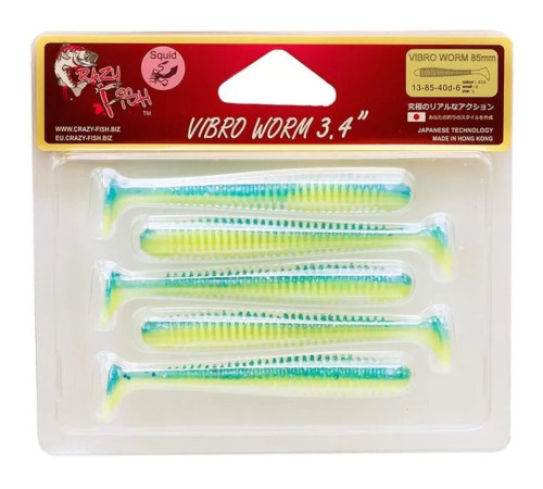 Силиконовая приманка Crazy Fish VIBRO WORM 3.4" 40d, 5шт, виброхвост