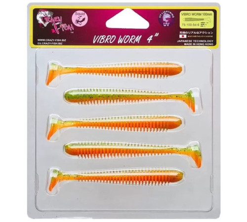 Силиконовая приманка Crazy Fish VIBRO WORM 4.0" 5d, 5шт, виброхвост