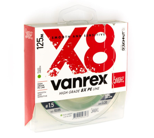Плетеная леска Lucky John Vanrex х8 BRAID Fluo Green 125м,  0.20мм