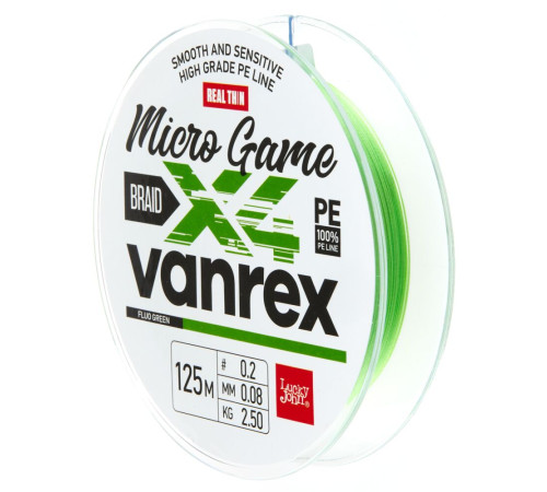 Плетеная леска Lucky John Vanrex Micro Game х4 BRAID Fluo Green 125м,  0.08мм