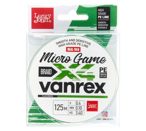 Плетеная леска Lucky John Vanrex Micro Game х4 BRAID Fluo Green 125м,  0.1мм