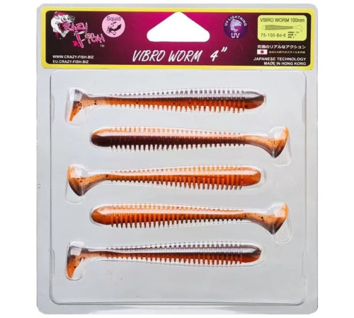 Силиконовая приманка Crazy Fish VIBRO WORM 4.0" 8d, 5шт, виброхвост
